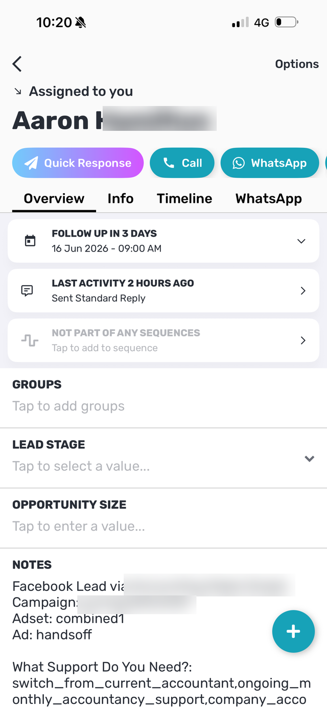 A real lead shown in the Privyr app, with client and contact details blurred for privacy